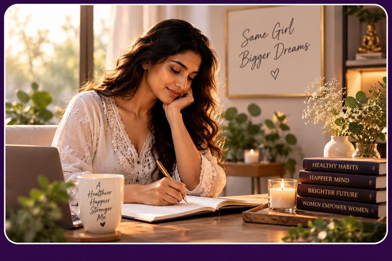 A woman reflecting and journaling about her personal growth